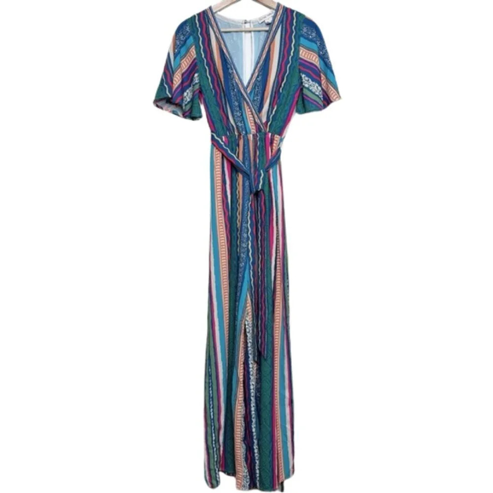 Flying Tomato Womens Small Multistripe Belted Jumpsuit